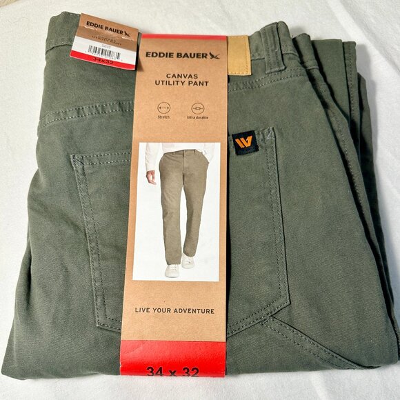 Eddie Bauer Men's Canvas Utility Work Pant Size 34X32 Green Stretch Durable NEW - Picture 1 of 13